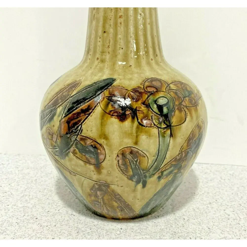 Vintage Mid Century Art Pottery Vase Drip Glaze Incised Brutalist Okinawa Japan